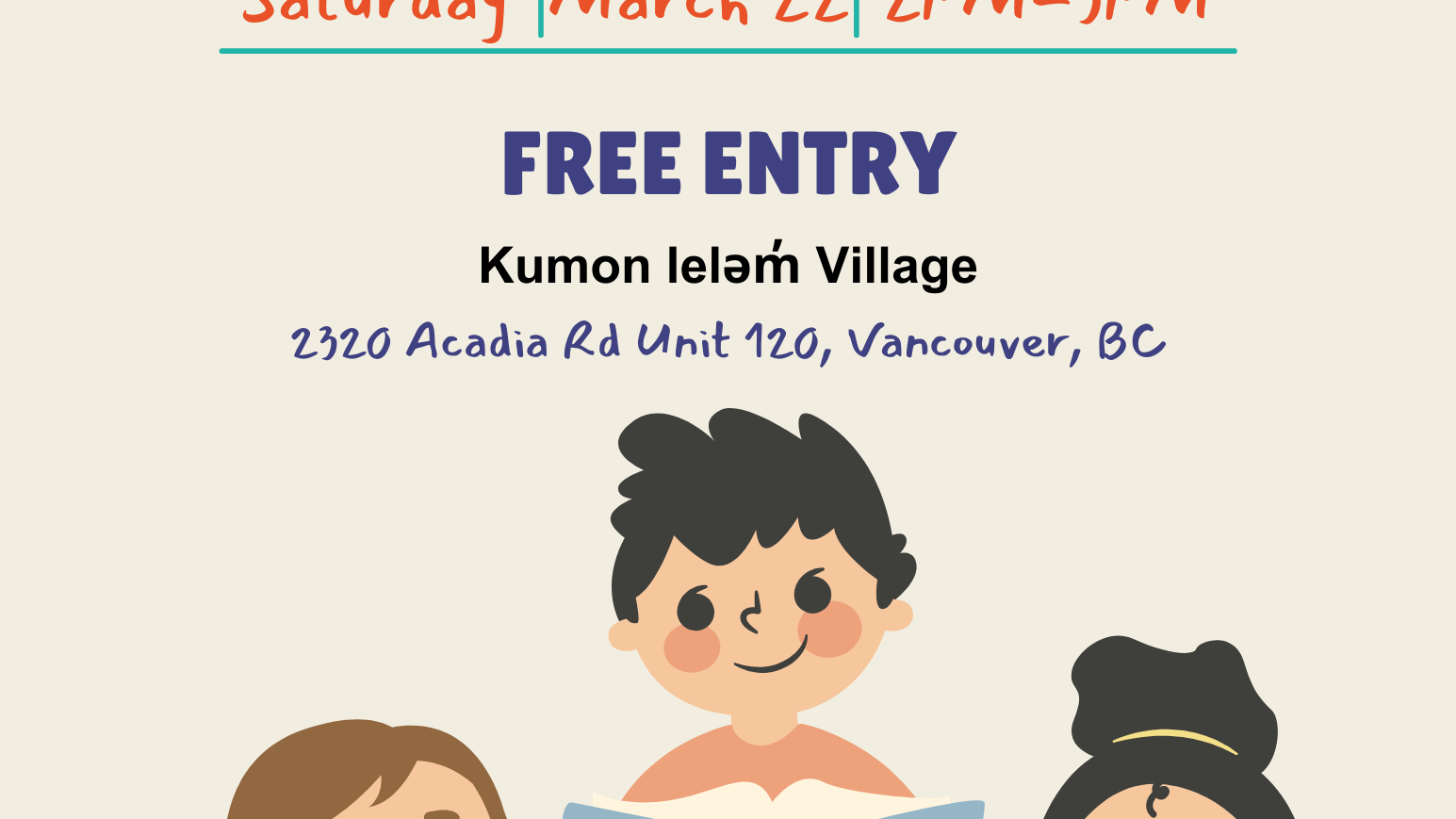 Promotional flyer for a free 'Reading Meeting BOOK CLUB' event at Kumon Lelem Village, located at 2320 Acadia Rd Unit 120, Vancouver, BC, on Saturday, March 22nd, from 2 PM to 3 PM. The flyer features a minimalist design with black text on a white background, including the Kumon logo and website address.