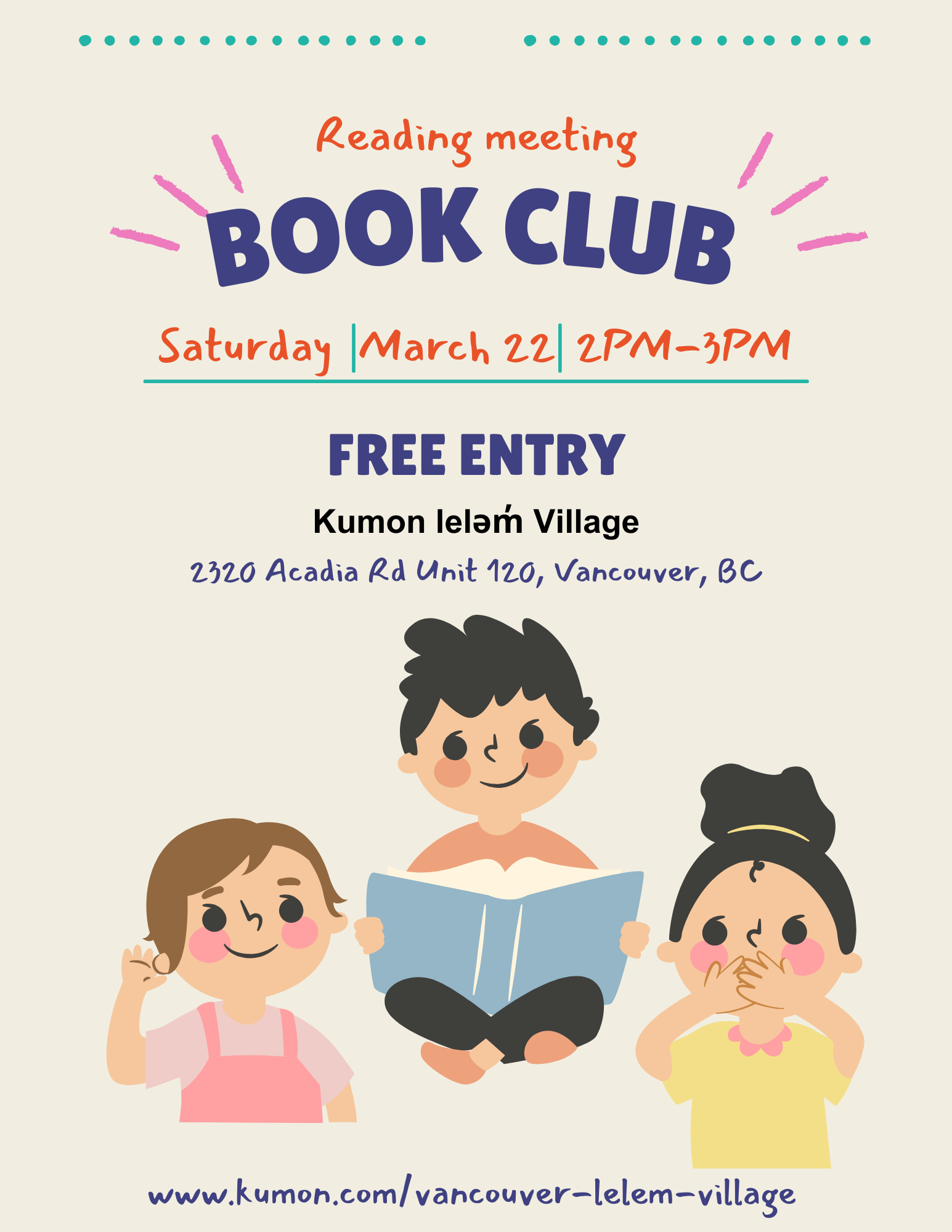 Promotional flyer for a free 'Reading Meeting BOOK CLUB' event at Kumon Lelem Village, located at 2320 Acadia Rd Unit 120, Vancouver, BC, on Saturday, March 22nd, from 2 PM to 3 PM. The flyer features a minimalist design with black text on a white background, including the Kumon logo and website address.
