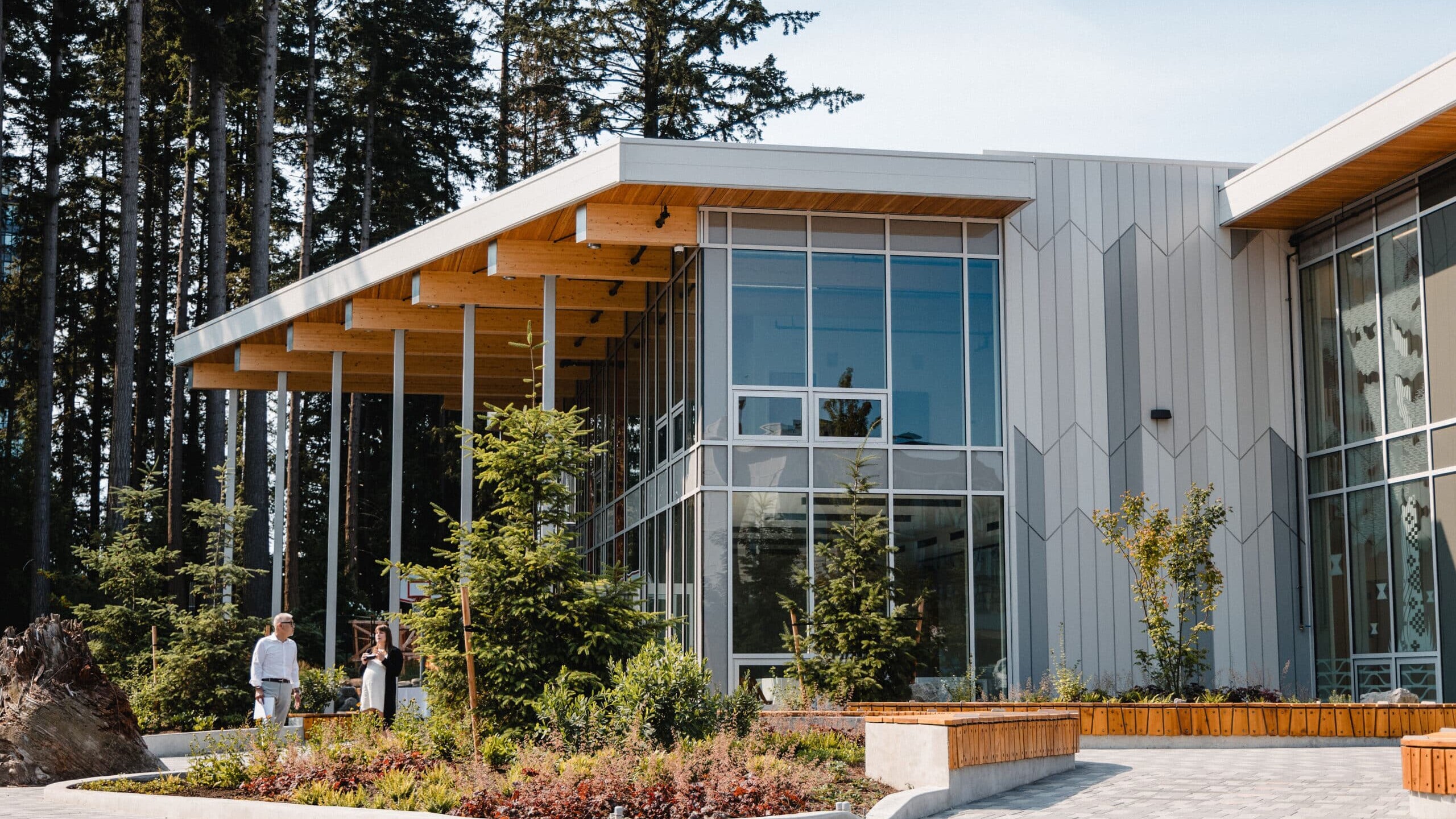Exterior of the leləm̓ Community Centre at 5490 Shortcut Road, developed by Musqueam Capital Corporation and designed by Francl Architecture.