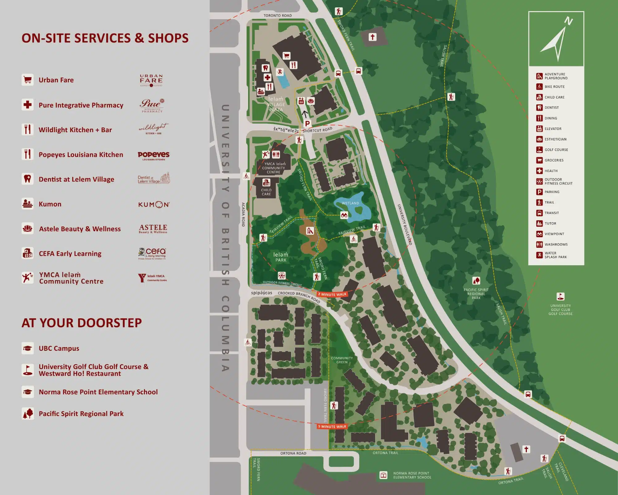 leləm̓ village map showing on-site services, shops, parks and trails