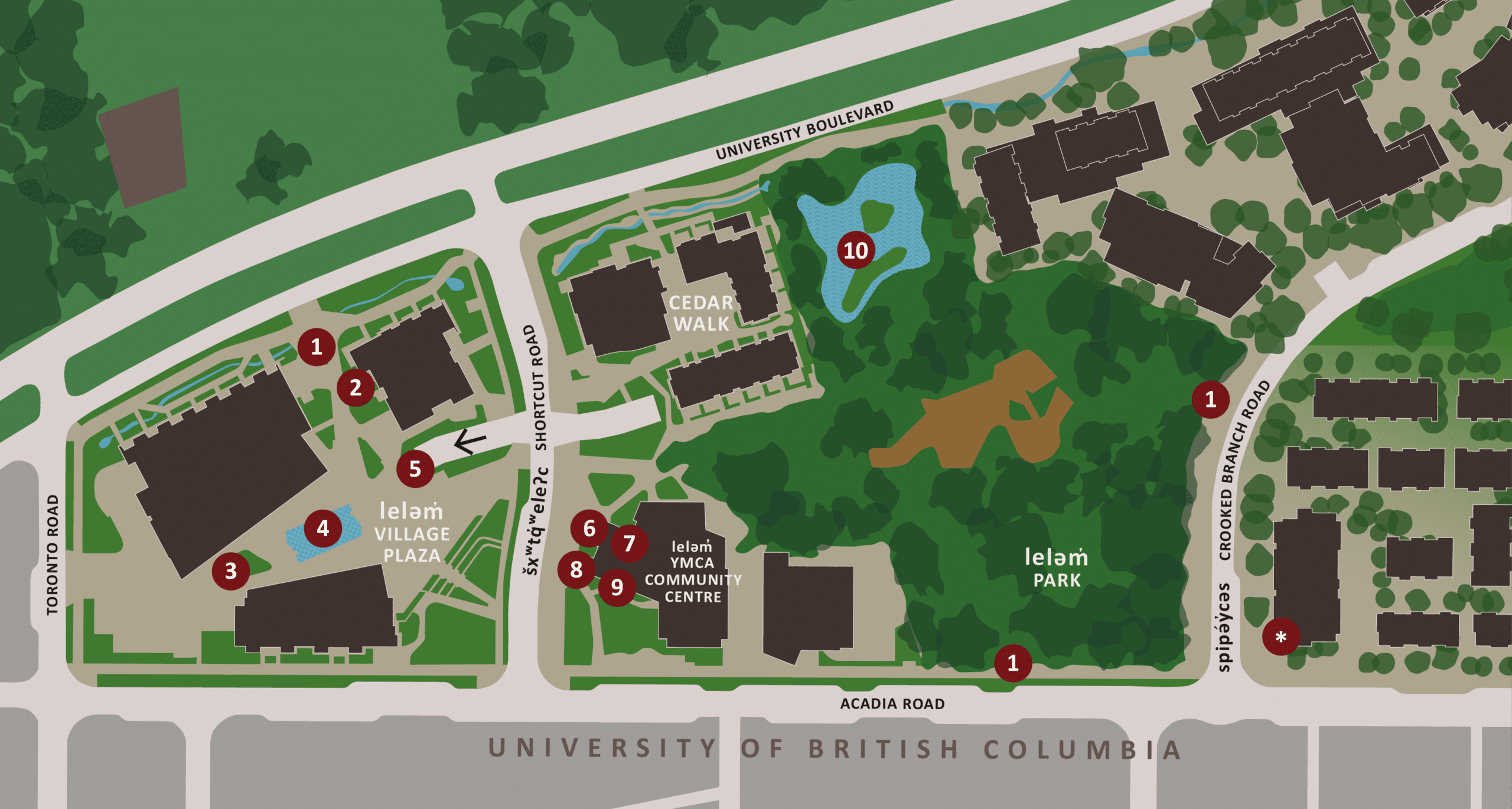 Map of public artwork locations across leləm̓ village plaza, YMCA community centre and leləm̓ park, numbered 1 to 10