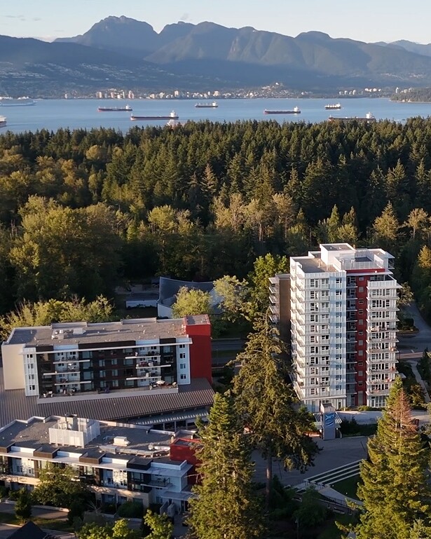 Aerial view of leləm̓ village at the entrance to UBC in Vancouver