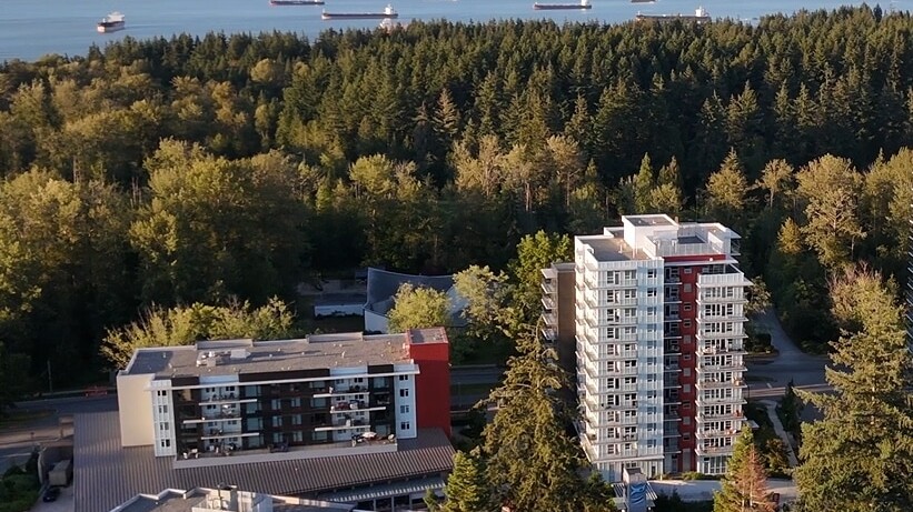 Aerial view of leləm̓ village at the entrance to UBC in Vancouver