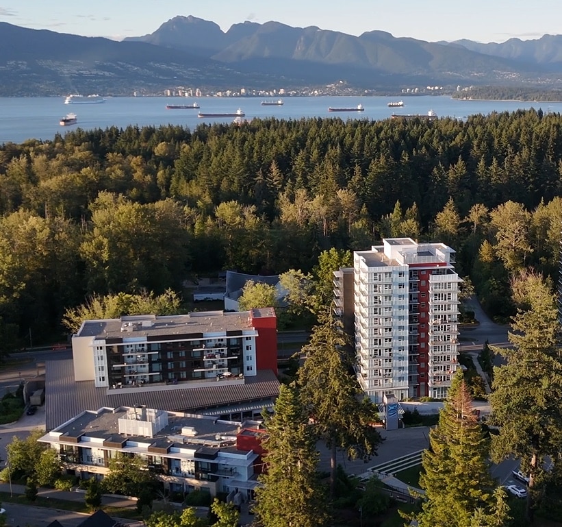 Aerial view of leləm̓ village at the entrance to UBC in Vancouver